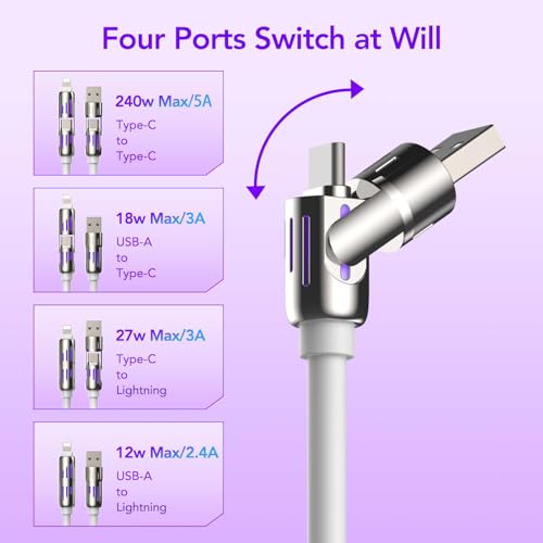 MFish 240W 4-in-1 Fast Charging Cable, White, 6.6FT | Carrying Case, USB-A & USB-C to USB-C/Lightning, For iPhone 17/16/15/14, MacBook, iPad, Laptop, Samsung S25/S24 - color: White, size: 6.6Ft