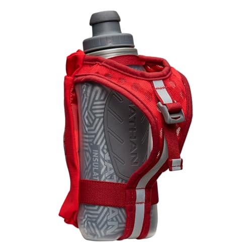 Nathan SpeedDraw 2 Insulated Handheld Running Water Bottle Flask – Double-Wall Insulation, Ergonomic Grip, Blast Valve Cap, Phone & Key Storage Pockets, Reflective Design - 12oz Insulated - Ribbon Red - color: Ribbon Red 12oz Insulated