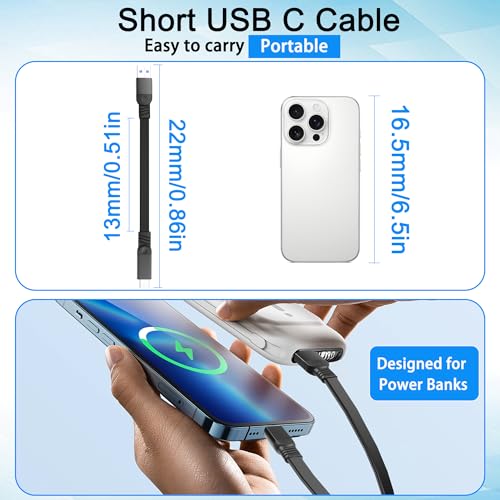 2PCS Short USB A to USB C Cable Flat Type C Cable 3A Fast Charging USB Type C Charging Short Cord for Power Bank,iPad Pro,iPhone 15/16,CarPlay 0.65FT/0.2M