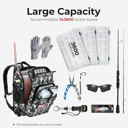 Piscifun Fishing Tackle Backpack, Rod & Gear Holder, Water-Resistant | 15L storage, breathable padding & adjustable shoulder straps, MOLLE panel, Digital Camouflage - color: Digital Camouflage, size: Standard