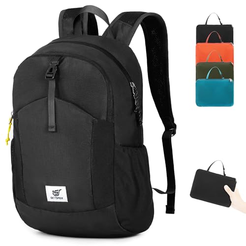 SKYSPER Small Packable Hiking Backpack 20L Anti-theift Travel Daypack | RFID Ultralight Foldable Walking Backpack with Water Bottle Holder, Nylon, Multi-compartment, Everyday Carry for Men Women - color: Black
