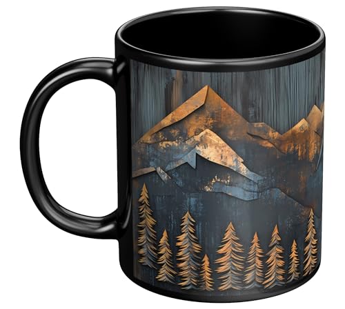 Mountains and Forest Trees Coffee Mug – One Mug, Full Wrap Design (Not Textured) – Outdoorsy Gift for Nature Lovers, Hikers, Campers & Rustic Cabin Decor – 11oz Black Ceramic Cup - size: 11 Ounces