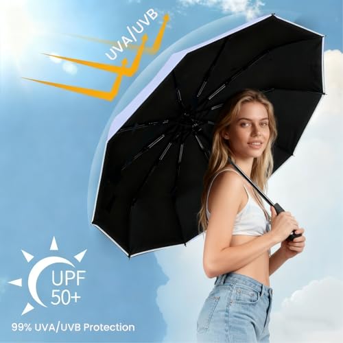 SIEPASA Travel Umbrella with Carabiner Handle - Windproof 10 Ribs Auto Open/Close for Rain & Sun Protection, Compact Portable Clip-on Backpack Design with Safety Reflective Strip. - color: UV-Light Purple