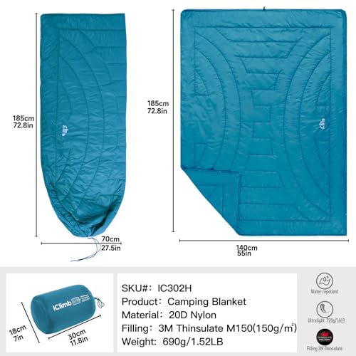 3M Thinsulate Insulation Warm Camping Blanket Ultralight Compact - color: Blue, size: 72.8” × 55”, 1.52 lb