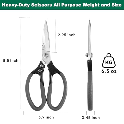 Heavy Duty Scissors All Purpose, 8.5 inch Stainless Steel Utility Sharp Shears, Aluminum Alloy Handle for Cutting Cardboard,Carpet,Fabric,Leather,Rope,Rubber,Plastic and Kitchen or Workshop Use - color: Grey