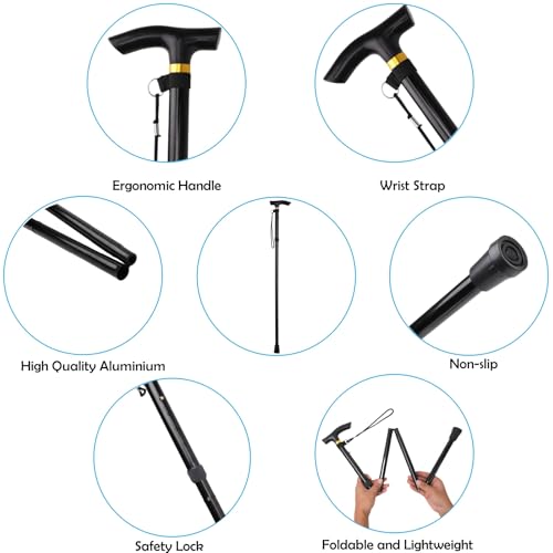 Folding Lightweight Walking Stick - Adjustable Aluminum Metal Collapsible Travel Cane with Non-Slip Rubber Base - color: Red