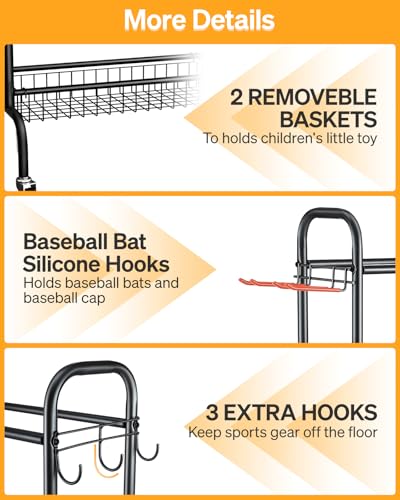 EXTCCT Basketball Rack with Wheels, 4 Tier Garage Ball Storage Organizer | Heavy duty rolling balls cart with two basket storage, ball holder, Sports equipment organized for outdoor, indoor, Black - color: Standard Black