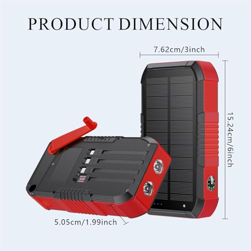 Solar Power Bank 66800mAh Built in Hand Crank for Camping and Hiking | Fast Charge,4 Built in Cable,5 Outputs & 3 Inputs Multi Device Charging,SOS/Flashlight/Compass,Waterproof - color: red