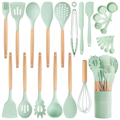 NCUE 26-Piece Food Grade Silicone Kitchen Utensils Set with Wooden Handles - color: Light Green-B, size: 26 Piece