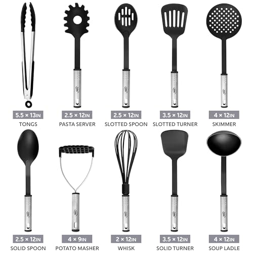 Kitchen Utensils Set, 10 Nylon Stainless Steel Cooking Utensils, Non Stick and Heat Resistant Cookware set New Chef's Gadget Tools Collection - color: Black