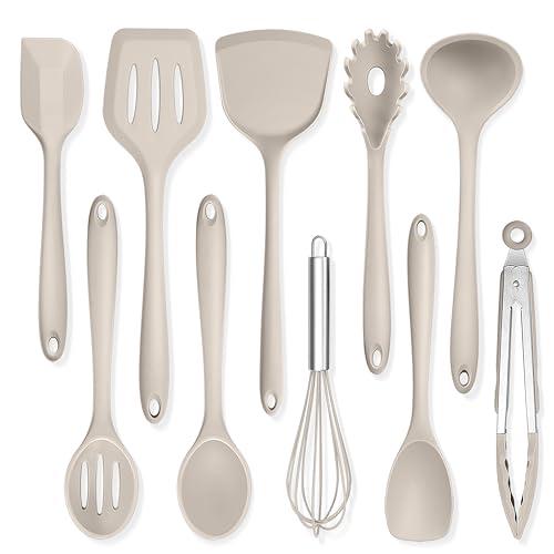 TeamFar Silicone Cooking Utensils, 10 pcs Kitchen Cooking Utensils Set | Heat Resistant Kitchen Gadgets Tools Set w/Spatula, Turners, Spoons, Soup Ladle, Pasta Server for Nonstick Cookware, Khaki - color: Khaki
