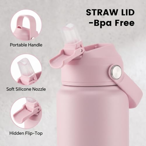 Fijinhom 24oz Insulated Stainless Steel Water Bottle, Wide Mouth Double Wall Vacuum, Silicone Straw, Sweat & Leak Proof, BPA Free Insulated Water Flask for Travel, Keep Cold 24h Hot 12h, Coral Pink - color: Coral, size: 24 Ounces