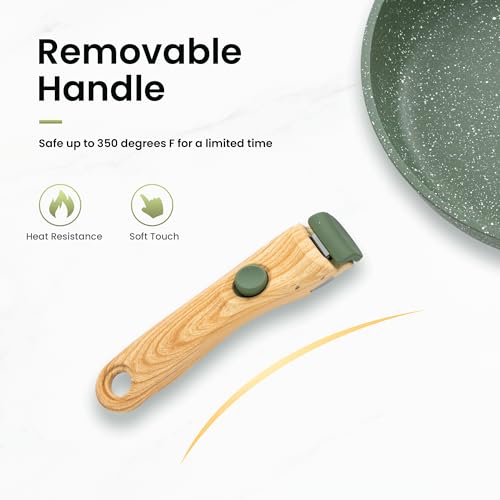Kitchen Academy Removable Handle Pots and Pans Set - 10 Pieces Green Cookware Set with Removable Handle, RV Induction Cookware Set for Camp | 10-Piece Granite Nonstick Cookware with Removable Handle, RV Induction Cooking Pans for Camp - color: Green