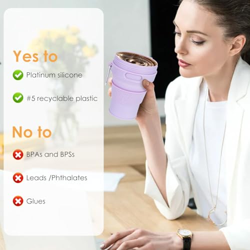 Collapsible Travel Cup - Lilac,16oz/450ml，Leak-Proof Reusable To-Go Pocket Size Silicone Bottle for Hot & Cold Drinks - Camping & Hiking - Dishwasher Safe- Straw included