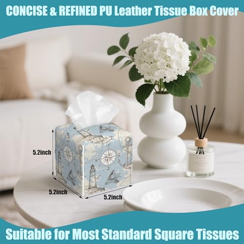 Compass Sea Map Tissue Box Cover,Anchor and Seashells Tissue Box Holder Square,Waterproof Leather Organizer Portable Decorative Facial Paper for Bedroom Dresser Night Stand Office,5.2" x 5.2" x 5.2" - color: Compass Sea Map