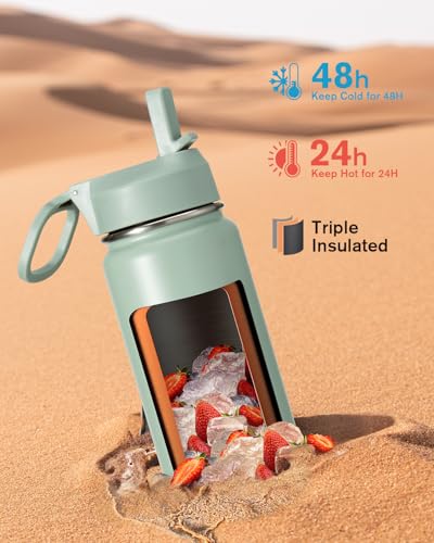 Coolflask 24 oz Insulated Water Bottle with Straw & 3 Leakproof Lids - color: Grey Green, size: 24 Ounces