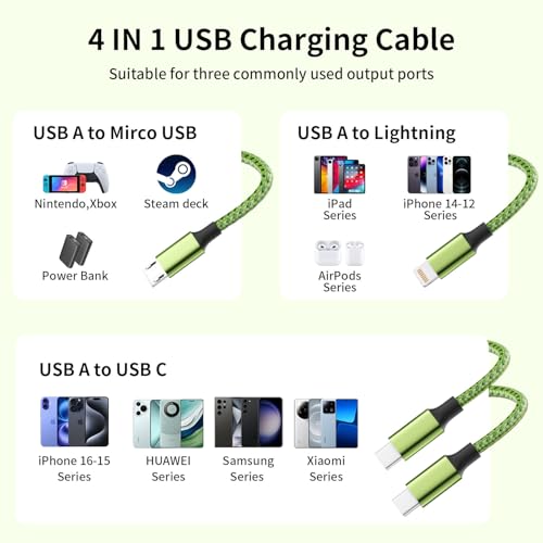4 in 1 Dual Type C Multi Charging Cable, Charging Cord for Multiple Devices | 2 Pack 5FT USB Charging Cable with 2 USB C/IP/Micro USB Charger, Phone Charger for iPhone 17-8/ Android/Pad and More - color: Fluorescent green