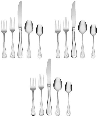 Oneida Silverware Set For 8, Satin Sand Dune 45-Piece Everyday Flatware Set with Serving Utensils,Service For 8, 18/0 Stainless Steel Silverware, Knives Spoons and Forks (Silver, 45 Piece) (Pack of 3) - size: 45 Piece (Pack of 3), style: 45-Piece Flatware