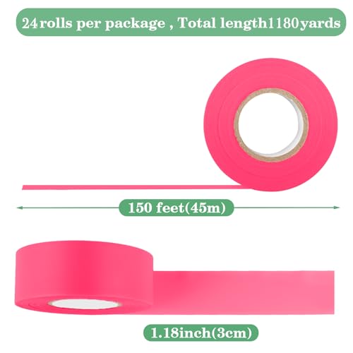 24 Pack Fluorescent Pink Flagging Tape, 1.18 in. x 150 ft | Non-Adhesive Plastic Ribbon Neon Marking Roll, Caution Tape,Tree Marking Tape Hunting Trail Tape,3.35 Mil - color: Pink, size: 1.18" x 150'