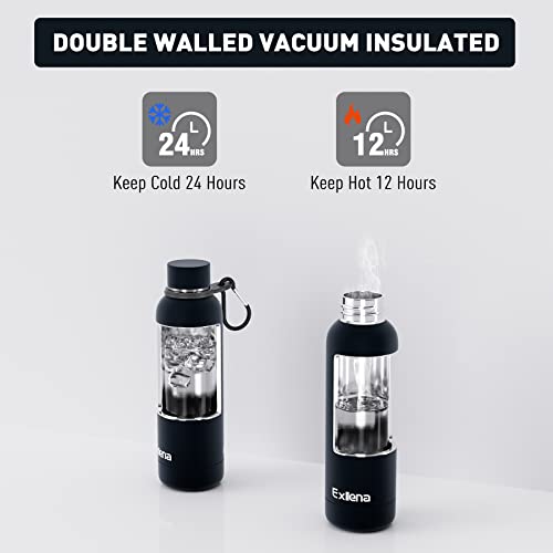 Exllena Slim Insulated Water Bottles for Travel 18oz with Clip, Double Wall Vacuum Stainless Steel Water Bottle Keeps Drinks Cold 24 Hrs/Hot 12 Hrs, 100% Leakproof, BPA Free(Black) - color: Black, size: 16.9 Ounces