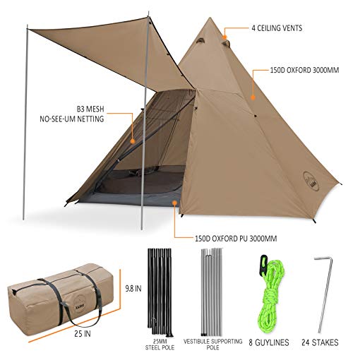 KAZOO Family Camping Tent Large Waterproof Tipi Tents 8 Person Room Teepee Tent Instant Setup Double Layer - color: Beige