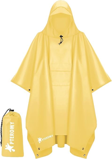 Extra Thick Waterproof Hooded Rain Poncho for Adults Lightweight Raincoat Jacket with Pocket for Hiking Camping Emergency - color: Yellow