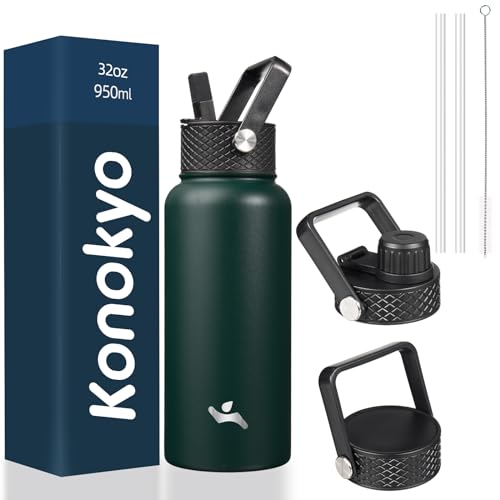 Konokyo 32 oz Insulated Stainless Steel Water Bottle with Straw Lid - color: Army Green, size: 32 Ounces