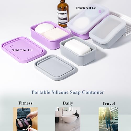2PC Portable Leakproof Travel Soap Case, Silicone Travel Soap Case, Compact Soap Holder with Drainage Layer, Travel Soap Holder for Camping, Gym, Outdoor Purple&Gray - color: Purple&gray