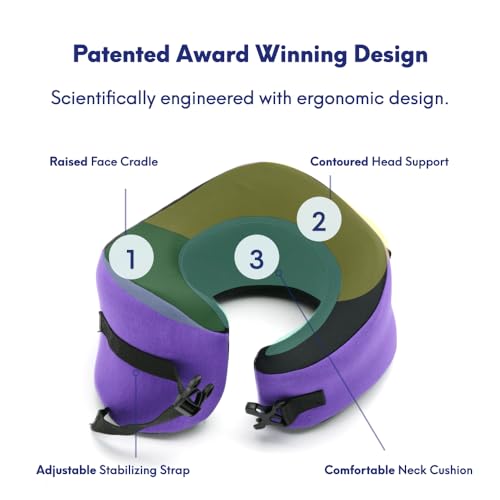 C CUSHION LAB Travel Pillow, Award-Winning Patented Ergonomic Design for Chin & Neck Support Memory Foam Neck Pillow, Compact Airplane Pillow for Traveling, Flight, Car (Royal Purple, Large) - color: Royal Purple, size: Large