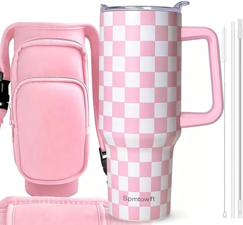 40oz Travel Tumbler with Handle and Straw, Water Bottle with Carrier Bag - color: Pink
