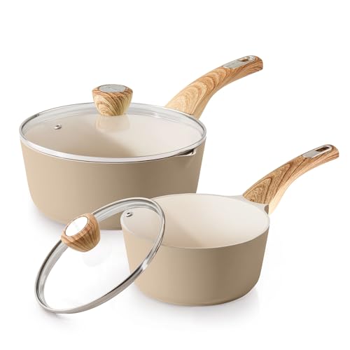 SENSARTE 2.0 & 3.0 Quart Ceramic Sauce Pan Sets with Lid, Cooking Pots Set, Nonstick Saucepan Set with Pour Spout, Small Kitchen Pot, Non toxic Saucepot, Induction Comptable, PFOA PTFE PFAS PFOA Free - color: Ceramic Taupe, size: 2.0 + 3.0 Quarts