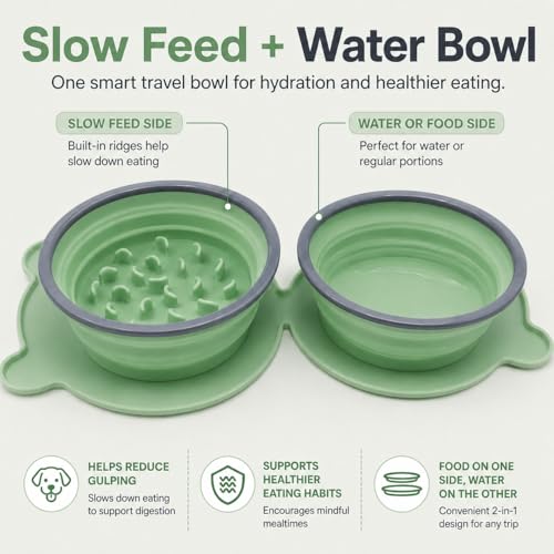Collapsible Dog Bowls, 2-in-1 Silicone Pet Food and Water Bowl with Carabiner - Portable Double Compartment Travel Dish for Dogs, Ideal for Camping, Hiking, Car Rides, Puppy Essentials(Green) - color: Green