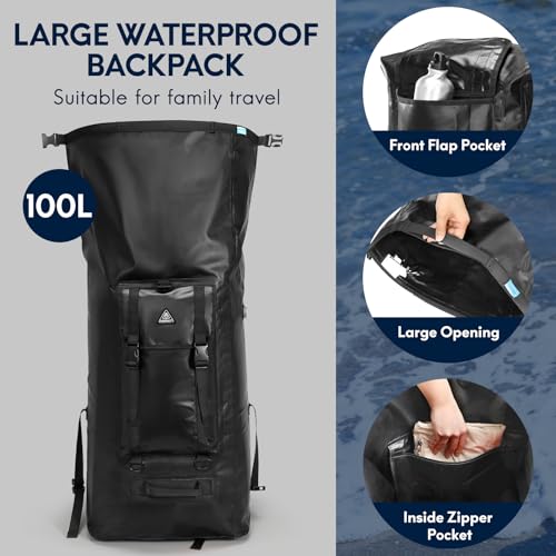 Haimont Large Waterproof Roll Top Dry Backpack 100L, Black | 500D Ripstop, IPX7, Air Valve, Adjustable Straps for Boating Kayaking, Surfing, Camping Fishing - color: Black, size: 100L