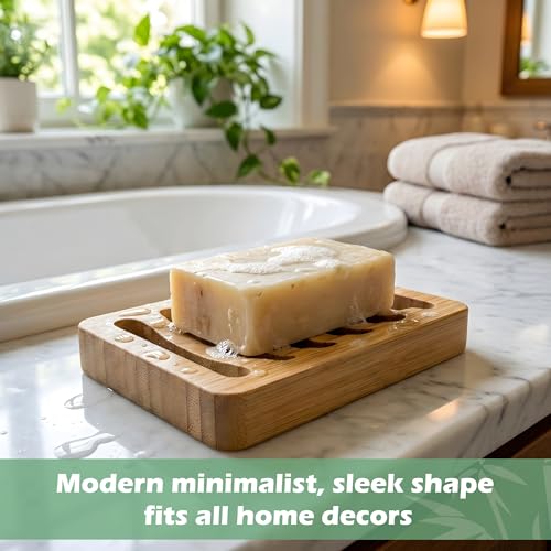 Bamboo Soap Dish, Bar Soap Holder Self Draining Soap Dish Natural Bamboo Soap Holder Waterproof Anti-Slip Wooden Soap Dishes for Bar Soap Saver Tray for Shower Bathroom Kitchen Sink Bathtub