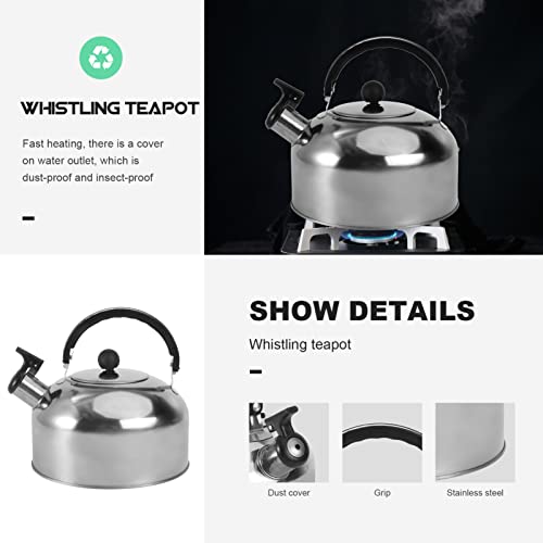 PRETYZOOM Stainless Steel Tea Kettle for Stove Top and Induction 2L Whistling Water Kettle with Flat Bottom Ergonomic Handle Fast Heating for Home Camping Brewing