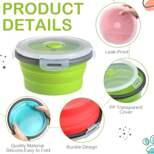 Suclain 4 Pcs Collapsible Bowls with Lids Silicone Camping Food Storage Container Expandable Folding Salad Lunch Box Travel Container for Hiking Camping - color: Red, Pink, Blue, Green