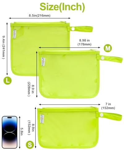 babygoal TSA Approved Lime Green Clear Travel Organizer Bags 3 Pack | Water Resistant Fabric, Dual Inner Pockets, Detachable Snap Handle, Secure Zipper Closure Storage Pouches - color: Fluorescent Green