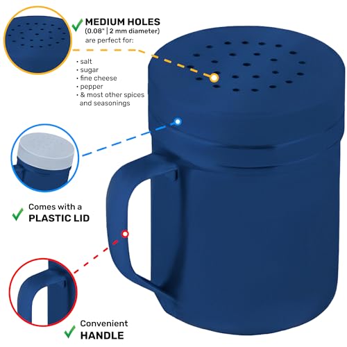 CUSINIUM 6oz Navy Blue Stainless Steel Salt Pepper Dredge Shakers - With Plastic Cap - With Handle - Pack of 2 - color: Navy Blue, size: 6 Oz