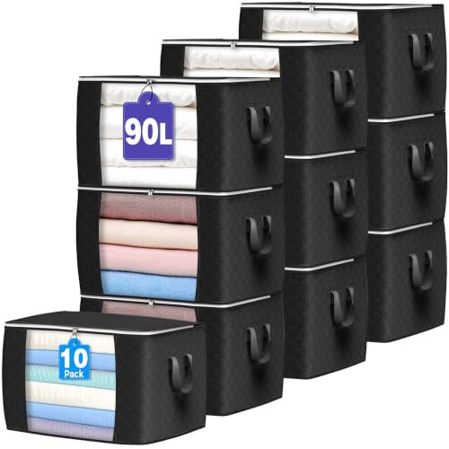 90L Large Storage Bags, 10 Pack Clothes Storage Bins Closet Organizers - color: Black, size: 10 Pack-90L