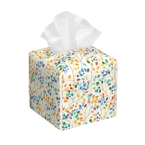 Tissue Box Holder Colorful Leaves Spots on Branches Square Leather Tissue Box Cover Modern Cube Facial Paper Cover Case for Bathroom Vanity Countertop Night Stands Tabletop - color: Colorful Leaves Spots on Branches