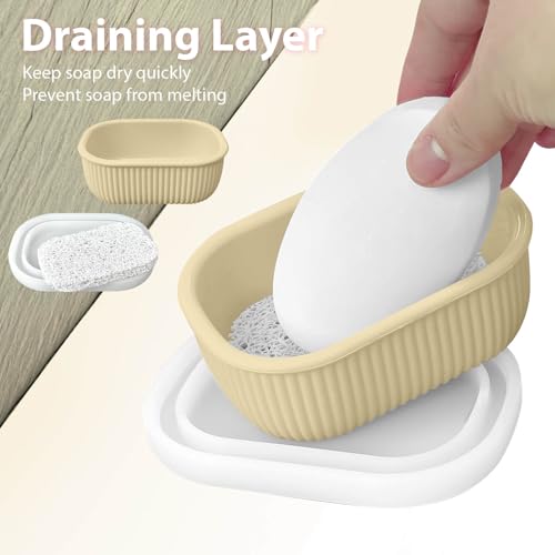 Leakproof Silicone Travel Soap Case with Drainage Layer, Silicone Bar Soap Holder Compact Portable Shatterproof Soap Container Box for Bathroom Gym Camp Travel Toiletries - color: Sand, size: Clear Lid