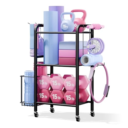 Heavy-Duty Home Gym Storage Rack with Hooks, Wheels, Workout Gear, 3-Tier | Josmimic rack keeps workout gear organised | Smooth-rolling wheels make repositioning easier around the home gym