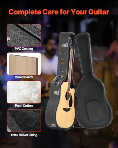 VEVOR Acoustic Guitar Hard Case, 43.31 in Gourd-Shaped Guitar Hard Case, With Lock Latch Key Handle, PVC Padding Soft Lining Water-Resistant Hard Shell Guitar Case, for 39-41 in Acoustic Guitar, Black | With Lock Latch Key Handle, PVC Padding Soft Lining