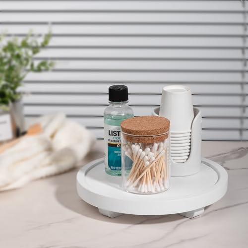 Round Decorative Tray Farmhouse Kitchen Decor Soap Dish, 8" White | Waterproof, Lightweight, Easy Clean, Wood Riser Pedestal Stand Accessories for Office Desk, Vanity, Counter, Sink - color: White, size: 8"