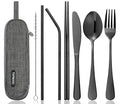 Travel Utensils Set with Case – 8-Piece Reusable Stainless Steel Camping Cutlery Set for Lunchbox, Office, School – Portable Fork Spoon Knife Chopsticks – Dishwasher Safe – Black - color: Black