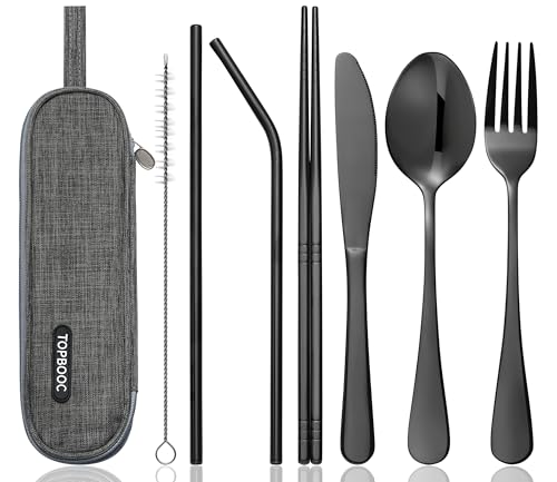 Travel Utensils Set with Case – 8-Piece Reusable Stainless Steel Camping Cutlery Set for Lunchbox, Office, School – Portable Fork Spoon Knife Chopsticks – Dishwasher Safe – Black - color: Black