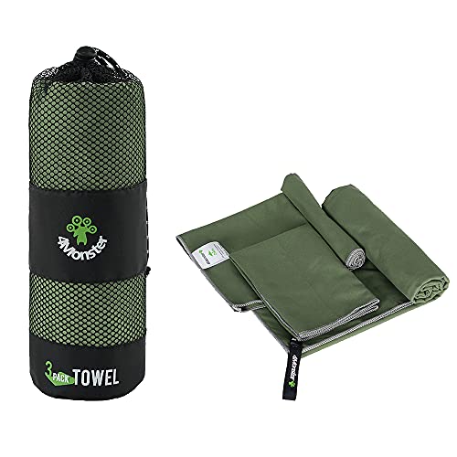 4Monster Camping Towels 3 Size at 1 Pack,Quick Dry Microfiber Towel,Beach Travel Towel Ultra Compact,Soft Gym Towel for Hiking Yoga Travel Sports Backpacking Trip and Pool - color: Army Green