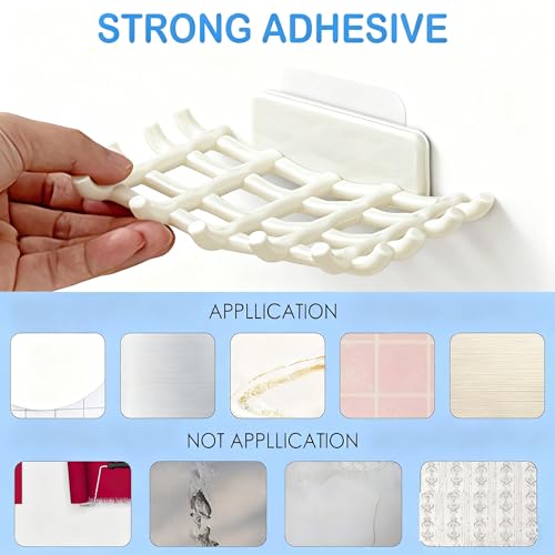 2 Pack Adhesive Soap Dish for Shower White, Soap Bar Holder for Shower Wall, No Drilling Adhesive Soap Dish with Hooks, Waterproof Wall-Mounted Soap Holder for Bathtub and Kitchen Sink (White)