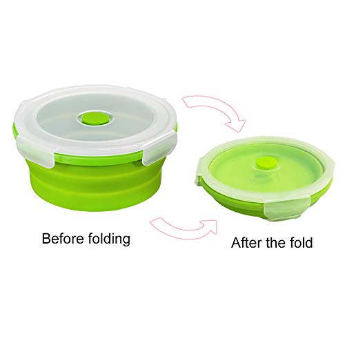URBEST Collapsible Bowls, Silicone Food Storage Containers with Lids for Camping, Set of 4 Round Silicone Lunch Containers, Microwave and Freezer Safe (greener， 4)