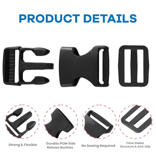 Strap and Buckles kit - 18 ft Nylon Webbing 1 inch wide, 8 Pack Quick Release Buckle, 16 pieces Tri-Glide Slide Clips, Black Stylish Plastic Buckles for Strips 1 inch Set, Adjustable Non-sewing